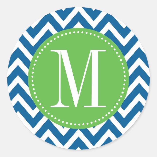 Green und Blue Zickzack Custom Monogram Runder Aufkleber (Vorderseite)