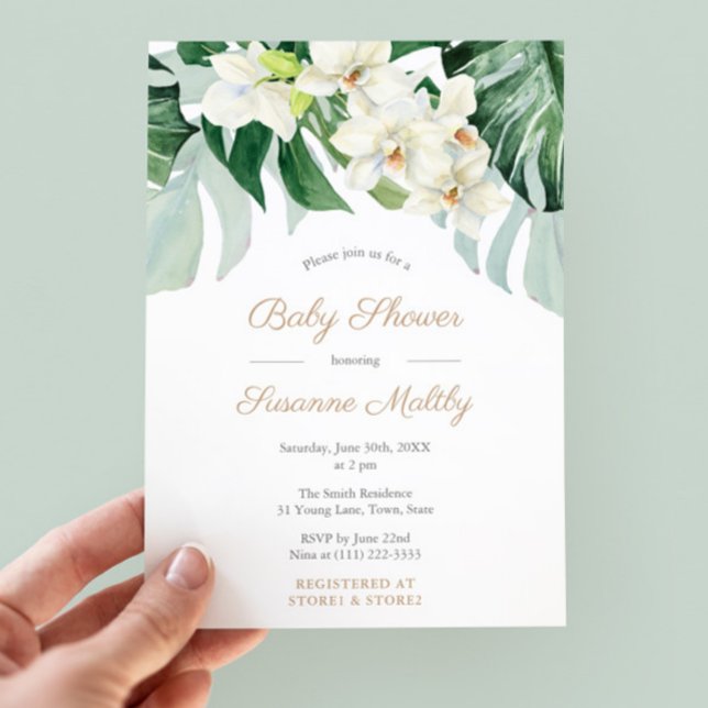 Green und Bronze Monstera Blätter Baby Dusche Part Einladung (Dark Green Watercolor Tropical Foliage Baby shower Invitations)