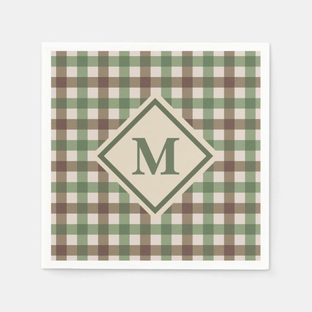 Green und Brown Gingham Kariert mit Monogram Picni Serviette (Vorderseite)