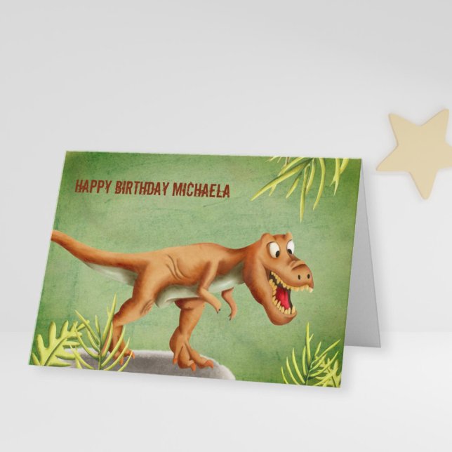 Green und Brown T-Rex Roaring Happy Birthday Karte (Von Creator hochgeladen)