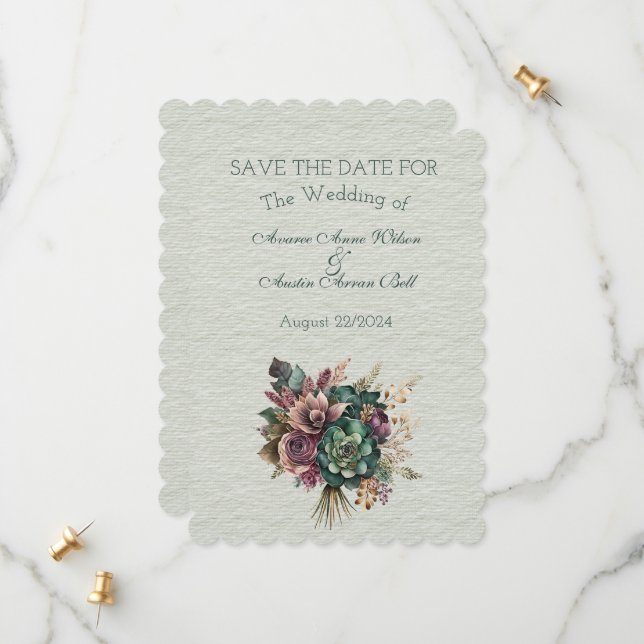Green und Burgundy Bluoral Wedding Bouquet Save The Date (Vorderseite/Rückseite Beispiel)