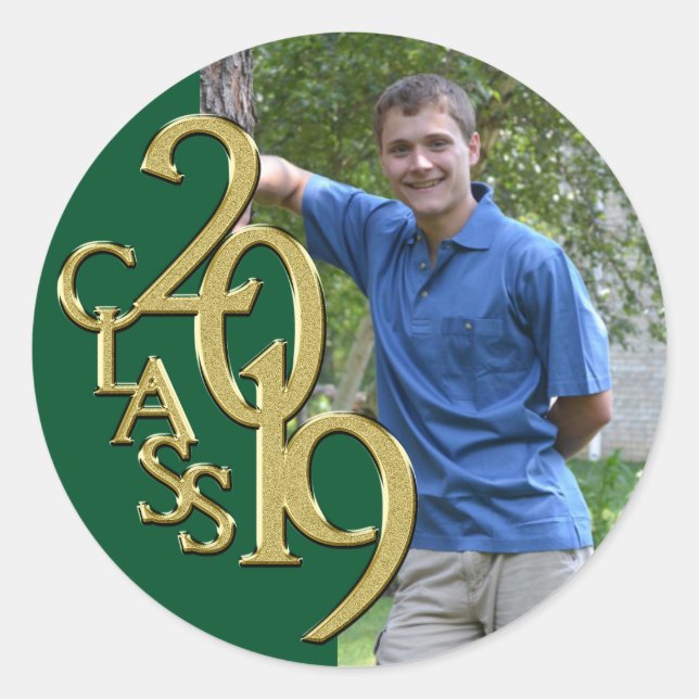 Green und Gold 2019 Abschluss Class mit Foto Runder Aufkleber (Vorderseite)
