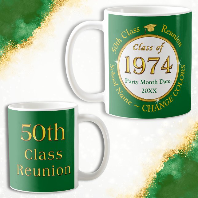 Green und Gold, 50-jährige Klasse Wiedersehen Souv Kaffeetasse (Personalized, Class of 1974, Mugs. 50th class reunion gift ideas and souvenirs. Green, Gold, White.)