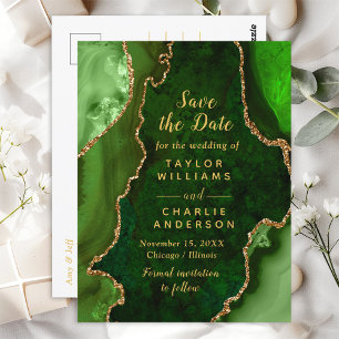 Green und Gold Agate Marble Save the Date Postkarte