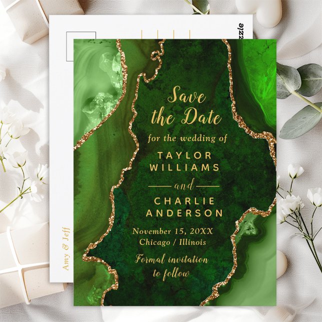 Green und Gold Agate Marble Save the Date Postkarte (Von Creator hochgeladen)