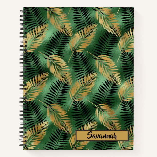Green und Gold Blätter Muster Monogram Notebook Notizbuch (Vorderseite)