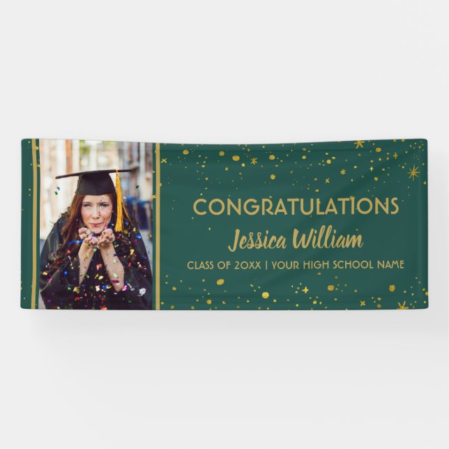 Green und Gold Confetti Graduate Foto Abschluss Banner (Horizontal)
