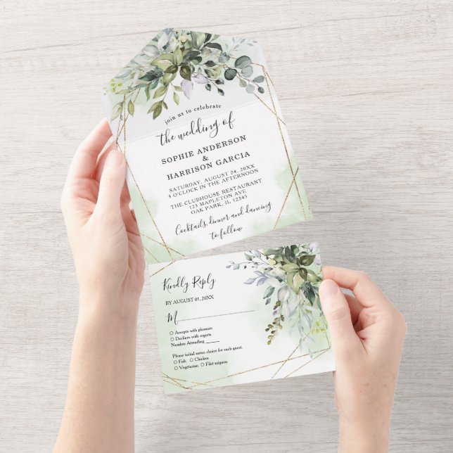 Green und Gold Eukalyptus Geometric Rustic Wedding All In One Einladung (Abreißen)