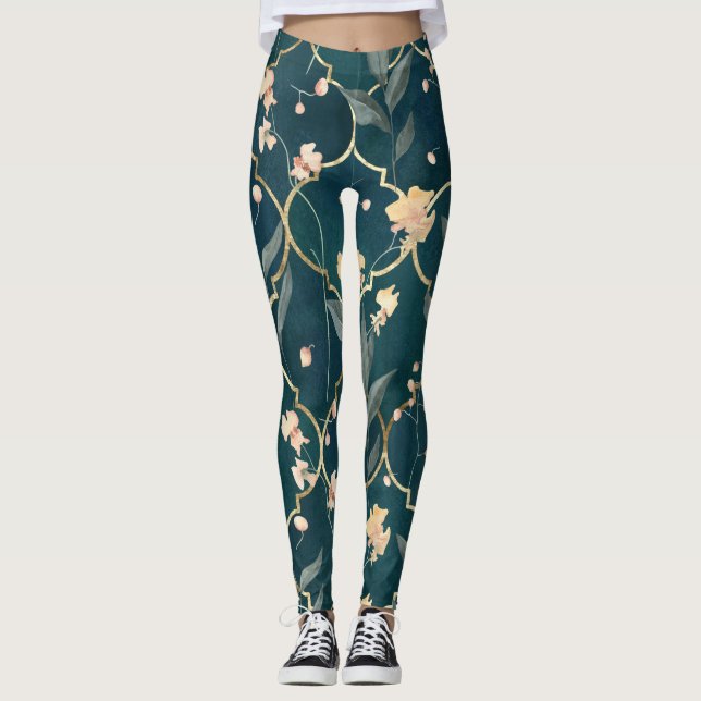 Green und Gold Floral Muster Leggings (Vorderseite)