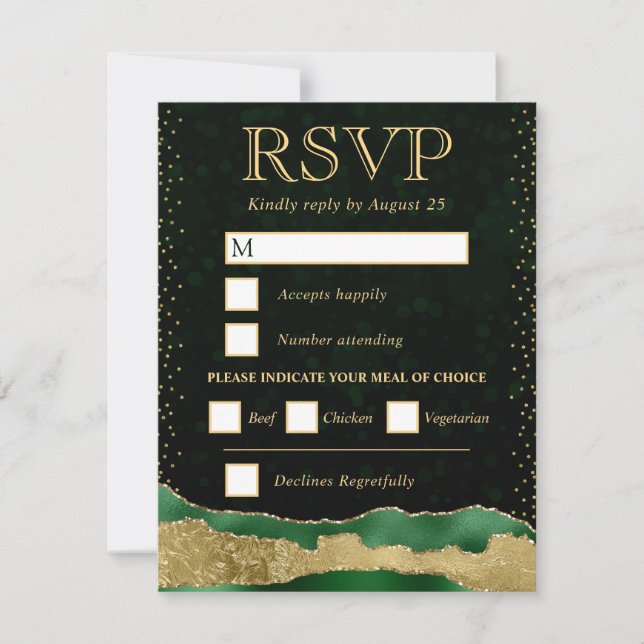 Green und Gold Glam Tears Bokeh Wedding RSVP Karte (Vorderseite)