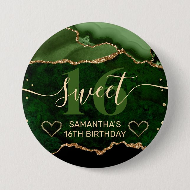 Green und Gold Glitzer Agate Marble Sweet 16 Button (Vorderseite)