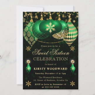Green und Gold Glitzer Baubles 16 . Geburtstag Einladung