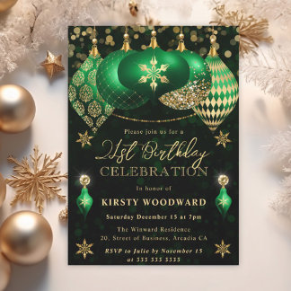 Green und Gold Glitzer Baubles 21. Geburtstag Einladung