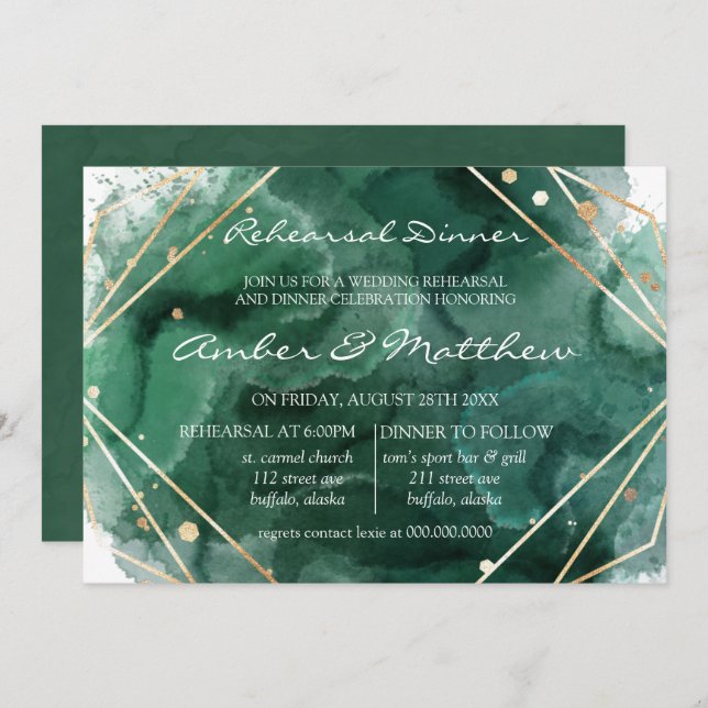 Green und Gold Glitzer Probe Dinner Einladung (Vorne/Hinten)