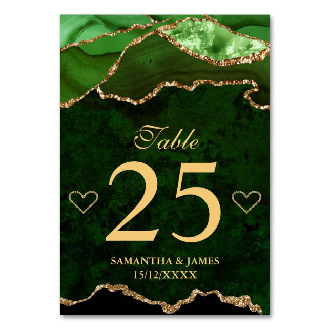 Green und Gold Imitate Glitzer Agate Wedding Tischnummer (Vorderseite)