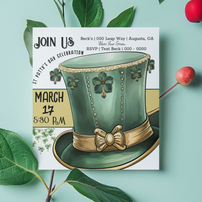 Green und Gold Leprechaun Top Hat St Paddy's Day Einladung (St Paddy's Day customizable invitation featuring a cute top hat and fun jeweled shamrocks)