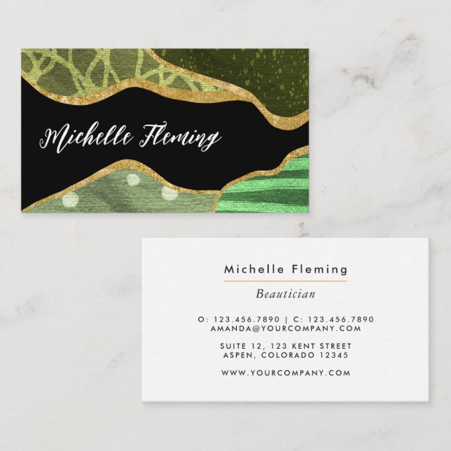 Green und Gold Linen Fabric Square Business Card Visitenkarte (Vorne/Hinten)