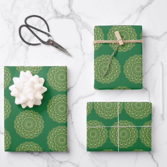 Green und Gold Mandala Geschenkpapier Set (Vorderseite)