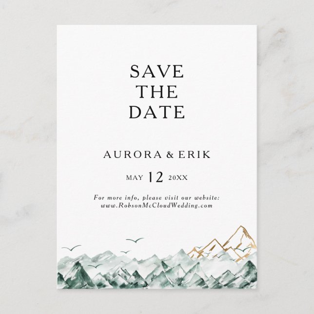 Green und Gold Mountain Save the Date Postcard Einladungspostkarte (Vorderseite)