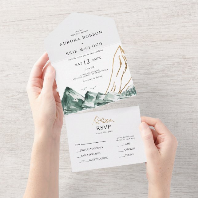 Green und Gold Mountain Siegel und senden All In One Einladung (Abreißen)
