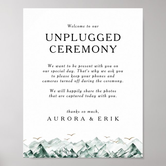 Green und Gold Mountain Unplugged Zeremony Sign Poster (Vorne)