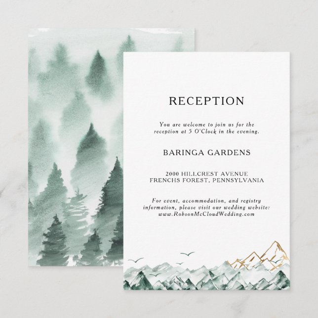 Green und Gold Mountain Wedding Reception Card Begleitkarte (Vorne/Hinten)