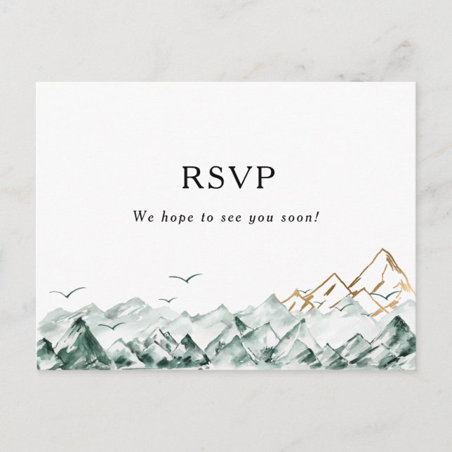 Green und Gold Mountain Wedding RSVP Postcard Postkarte (Vorderseite)