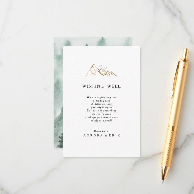 Green und Gold Mountain Wedding Wunschwell Card Begleitkarte (Vorderseite/Rückseite Beispiel)