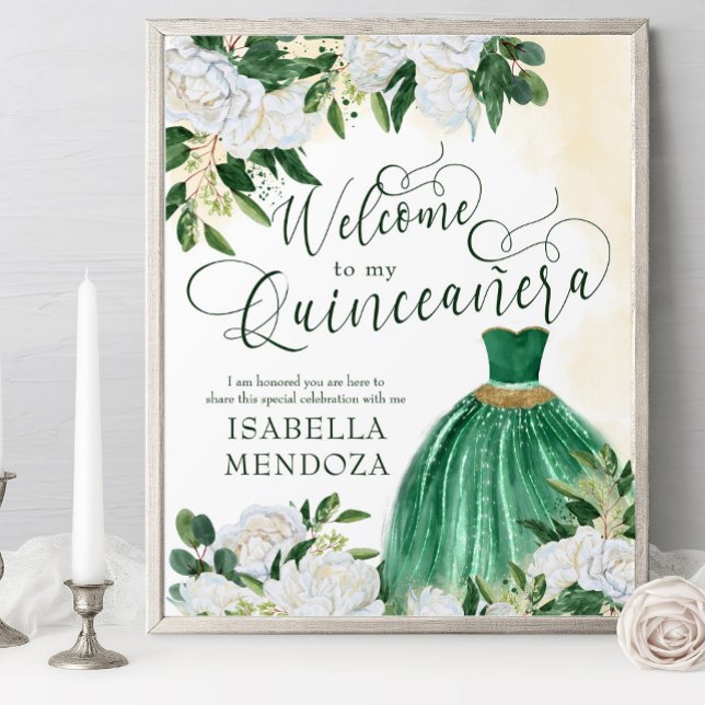 Green und Gold Princess Gown Quinceanera Willkomme Poster (Quinceanera welcome poster with princess gown from my Emerald Greenery & White Peony collection)