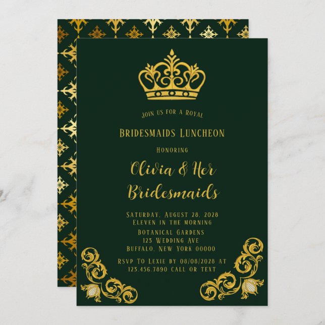 Green und Gold Royal Bridesmaids Luncheon Einladung (Vorne/Hinten)