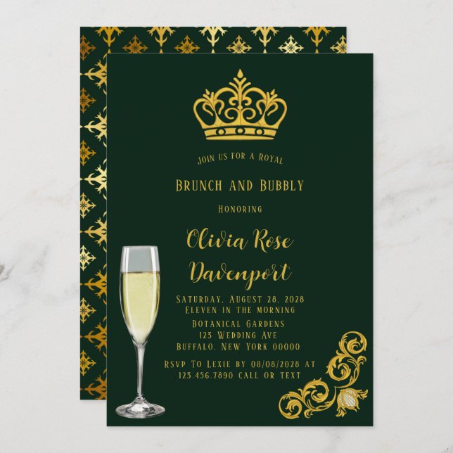 Green und Gold Royal Crown Brunch und Bubbly Einladung (Vorne/Hinten)