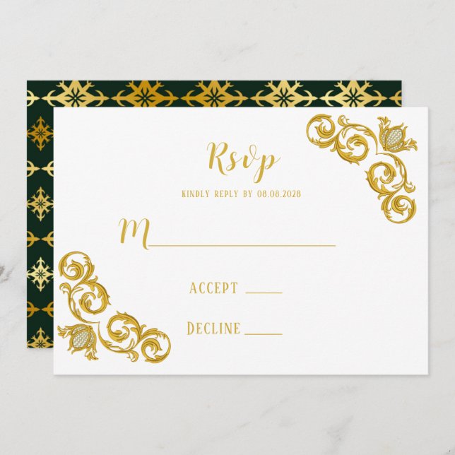 Green und Gold Royal Wedding RSVP Cards Einladung (Vorne/Hinten)