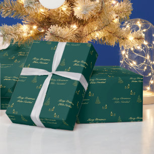 Green und Golden Christmas Bilingual Feliz Navidad Geschenkpapier