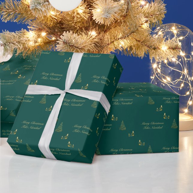 Green und Golden Christmas Bilingual Feliz Navidad Geschenkpapier (Feiertage)