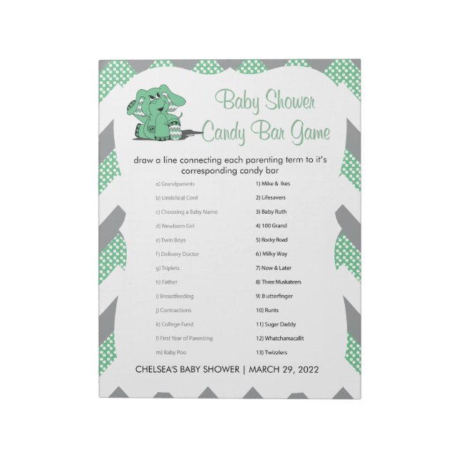 Green und Grau Zickzack Elephant Baby Shower Game  Notizblock (Rotiert)
