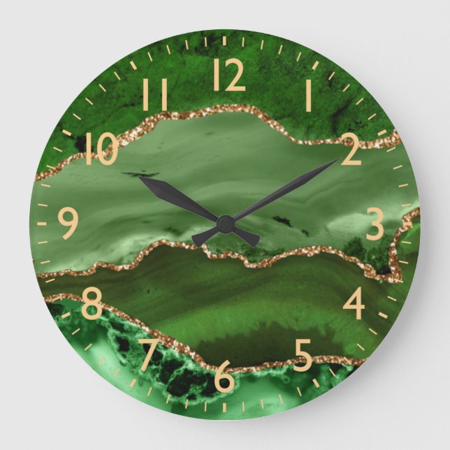Green und Imitate Gold Glitzer Marble Agate Große Wanduhr (Vorderseite)