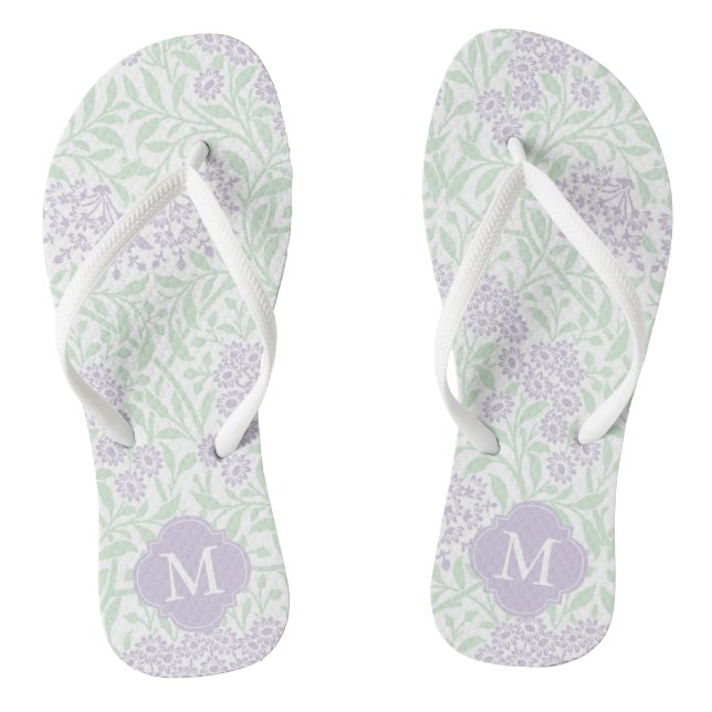 Green und Lavendel Floral Damask Mit Monogramm Flip Flops (Fußbett)