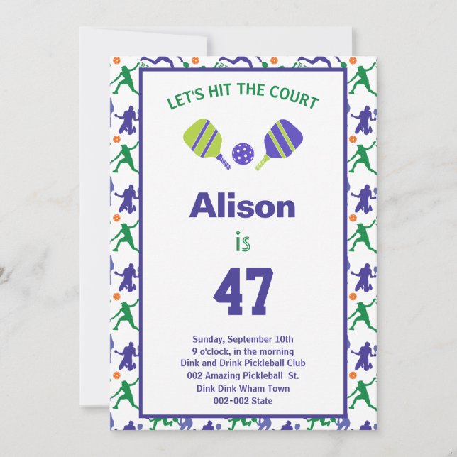 Green und lila Pickleball B'day + UAWG Einladung (Vorderseite)