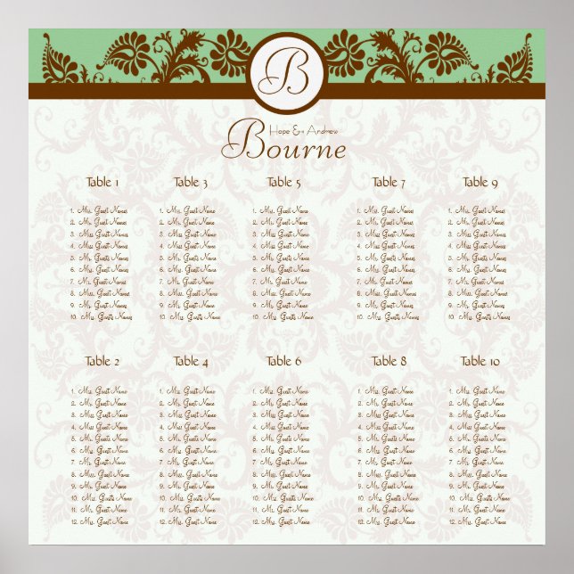 Green und Mocha Damask Sitzkarte 10 Tische Poster (Vorne)