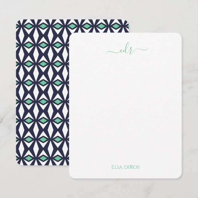 Green und Navy Diamond Monogram Note Card Mitteilungskarte (Vorne/Hinten)
