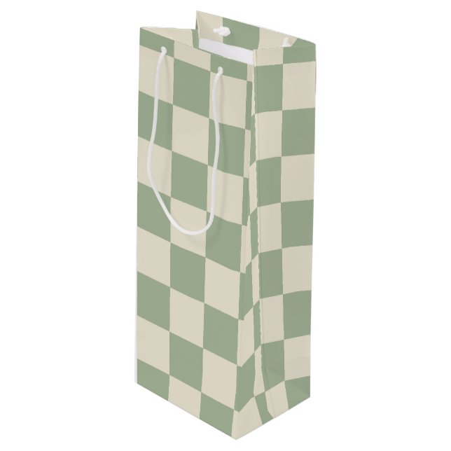 Green und Off White Checkerboard Geschenktüte Für Weinflaschen (Vorderseite Schrägansicht)