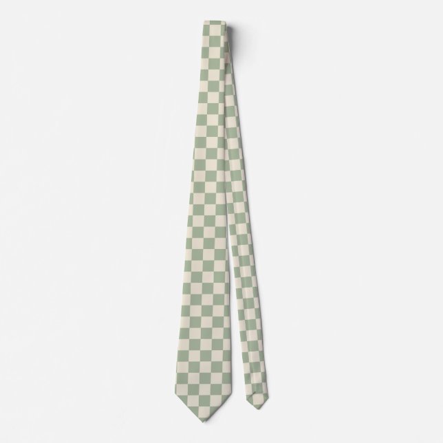 Green und Off White Checkerboard Krawatte (Vorderseite)