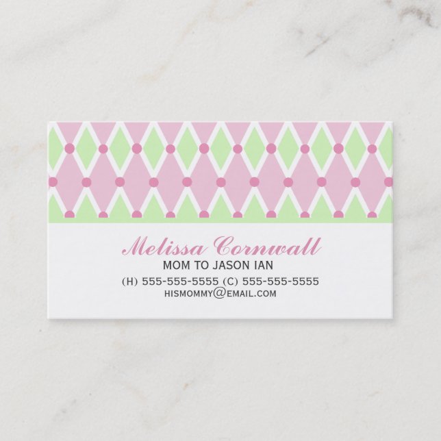 Green und Pink Diamonds Pattern Mommy Cards Telefonnummerkarte (Vorderseite)