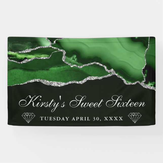 Green und Silver Glitzer Agate 16 . Geburtstag Banner (Horizontal)