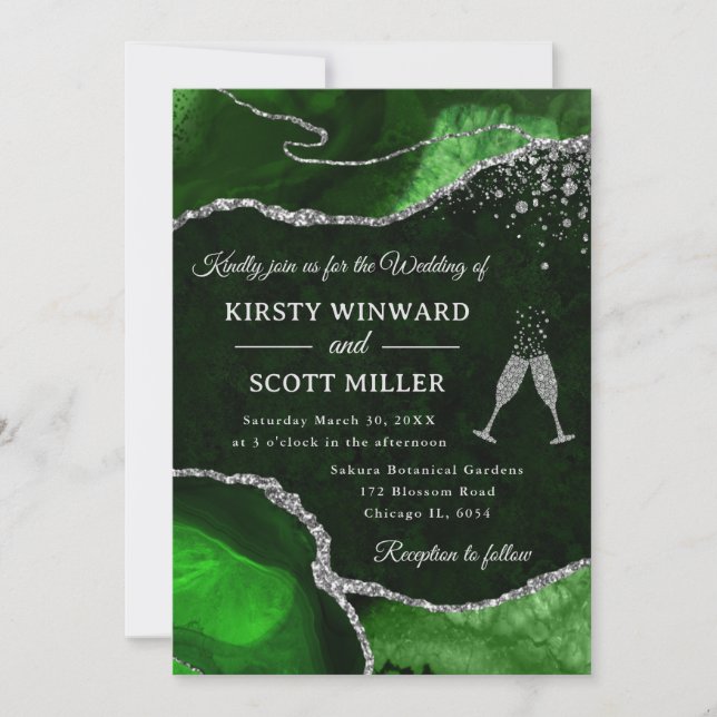 Green und Silver Glitzer Agate Wedding Einladung (Vorderseite)