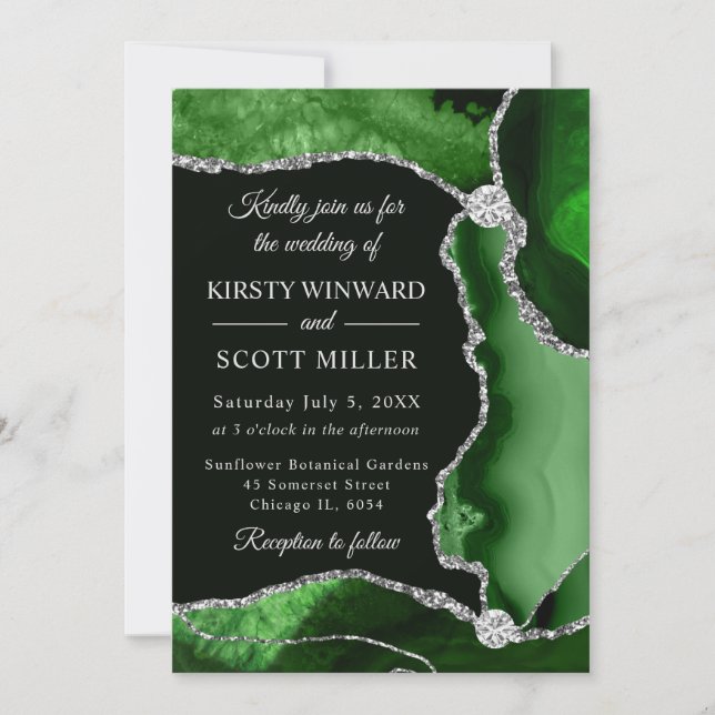 Green und Silver Imitats Glitzer Agate Wedding Einladung (Vorderseite)