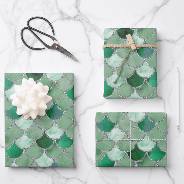 Green und Silver Mermaid Scales Geschenkpapier Set (Vorderseite)