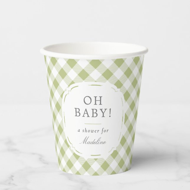 Green und White Gingham Pattern Oh Baby Dusche Pappbecher (Vorderseite)