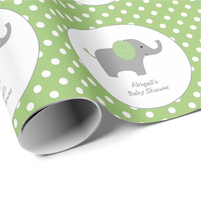 Green und White Polka Dot Elephant Baby Dusche Geschenkpapier (Rolleneckpunkt)