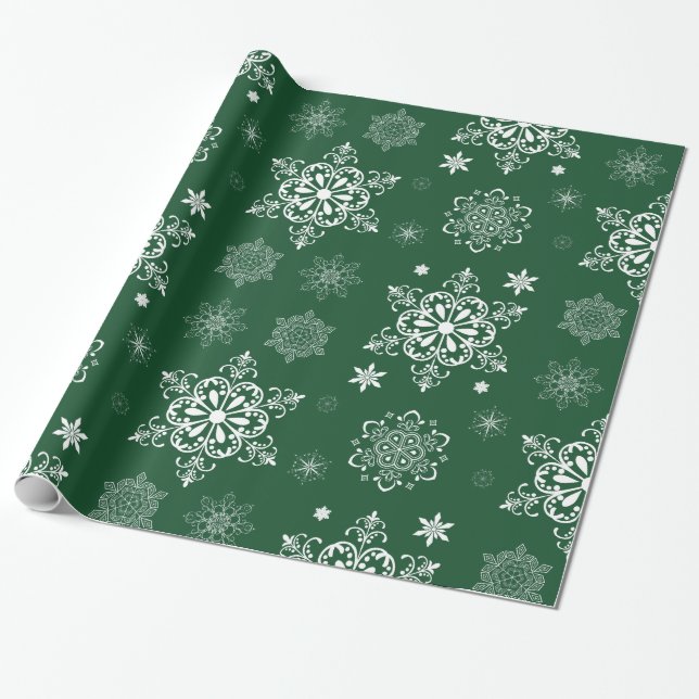 Green und White Snowflake Muster Geschenkpapier (Ungerollt)